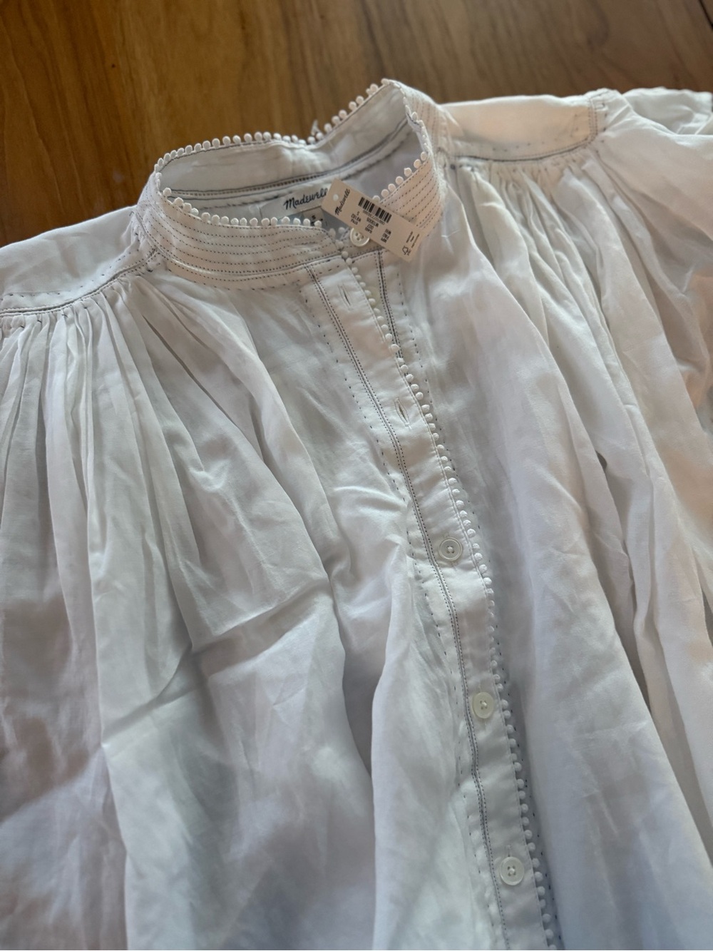 Madewell White Pintuck Blouse with Pom-Trim Collar